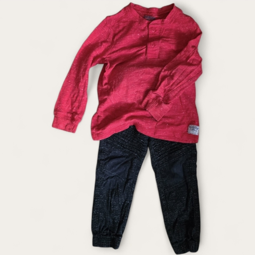 🙎‍♂️ OshKosh B'gosh Vibrant Red Shirt & Retro Stitch Sweat Pants. Sz 5